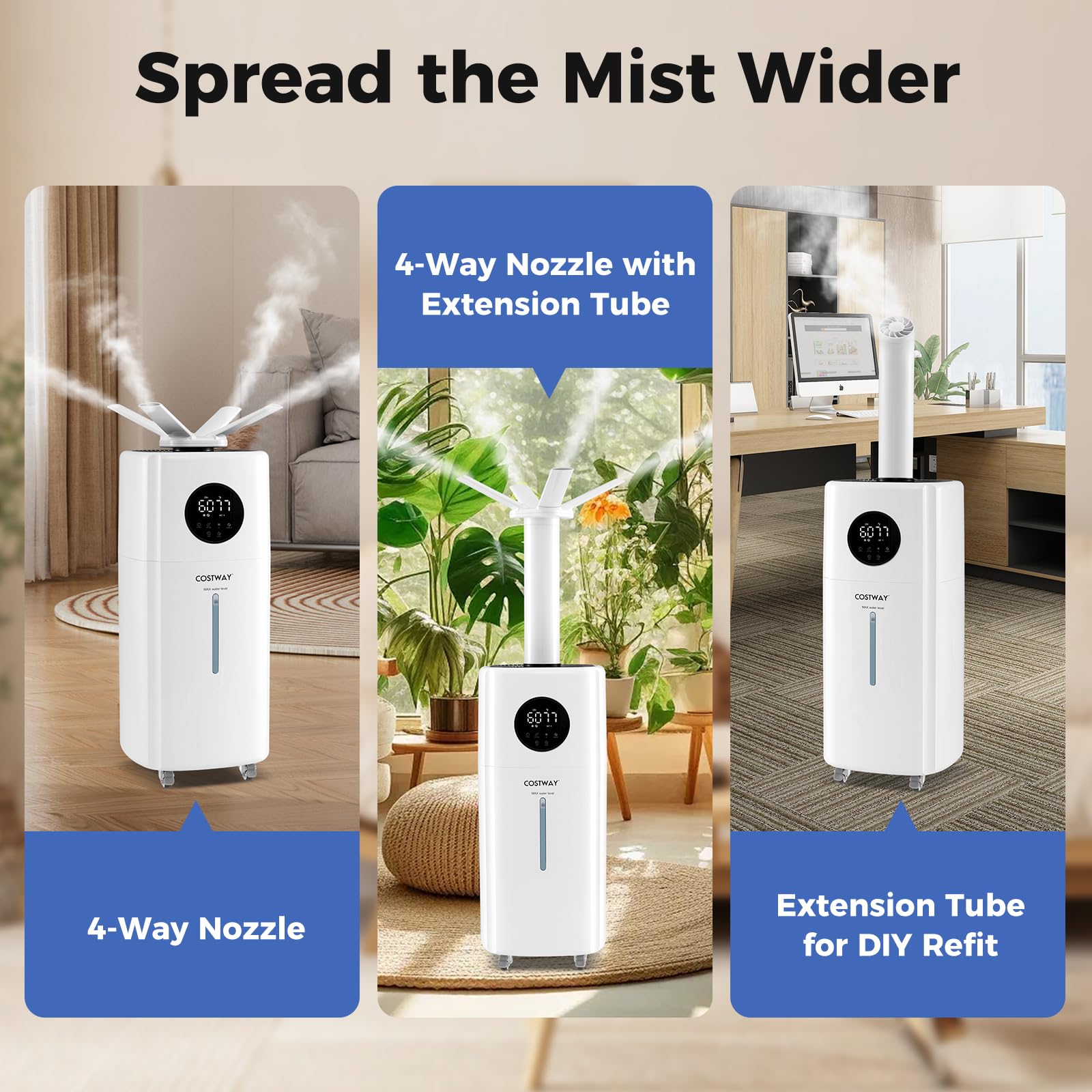 Costway 21L Humidifier For Large Room, 5Gal Whole House Ultrasonic Humidifier With 3 Mist Levels, Extension Tube, 360 Nozzles &